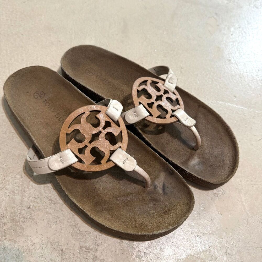 Tory Burch Sandals Cloud Miller Thong Cork Leather Tan Cream Slip On Womens sz 9